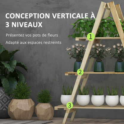 Pyramid-shaped foldable wooden flower rack - Wooden plant stand with 3 shelves - Dimensions 100L x 36W x 112H cm - Light solid spruce wood