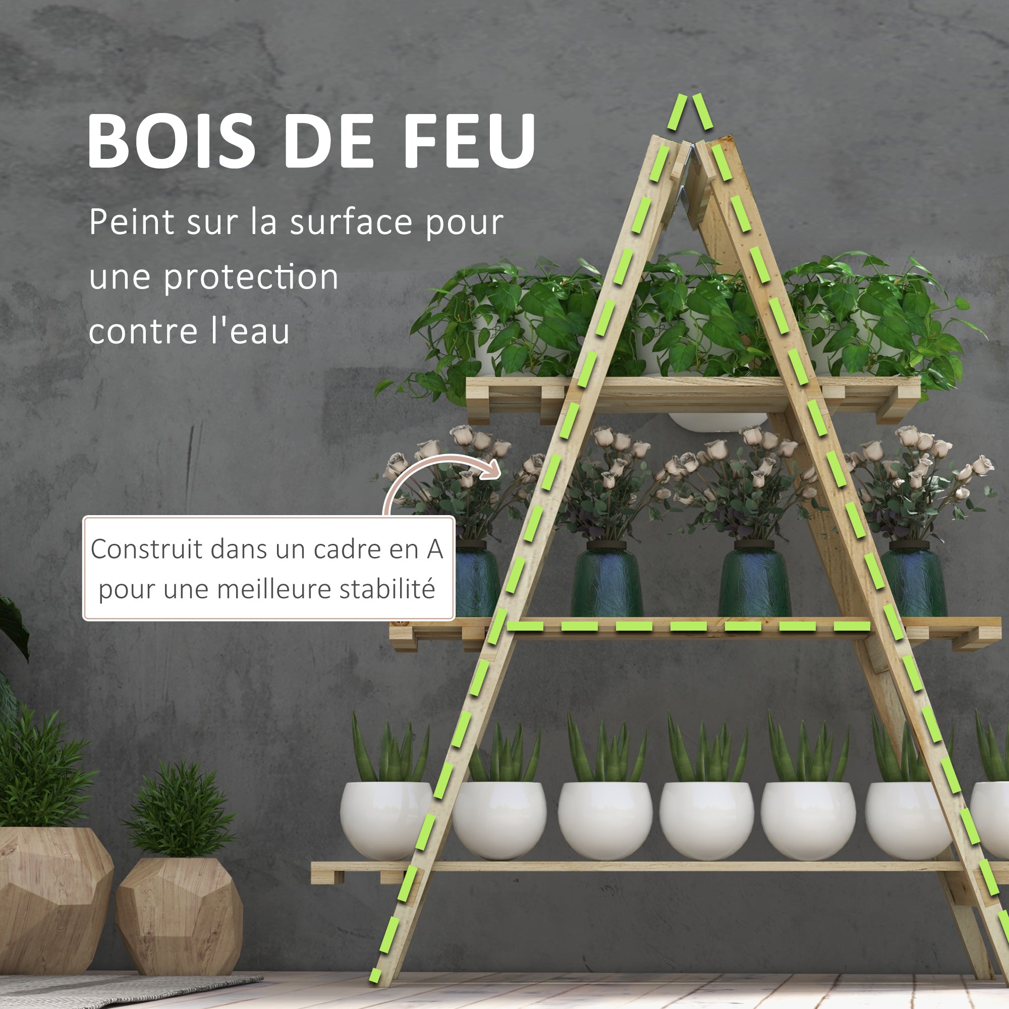 Pyramid-shaped foldable wooden flower rack - Wooden plant stand with 3 shelves - Dimensions 100L x 36W x 112H cm - Light solid spruce wood