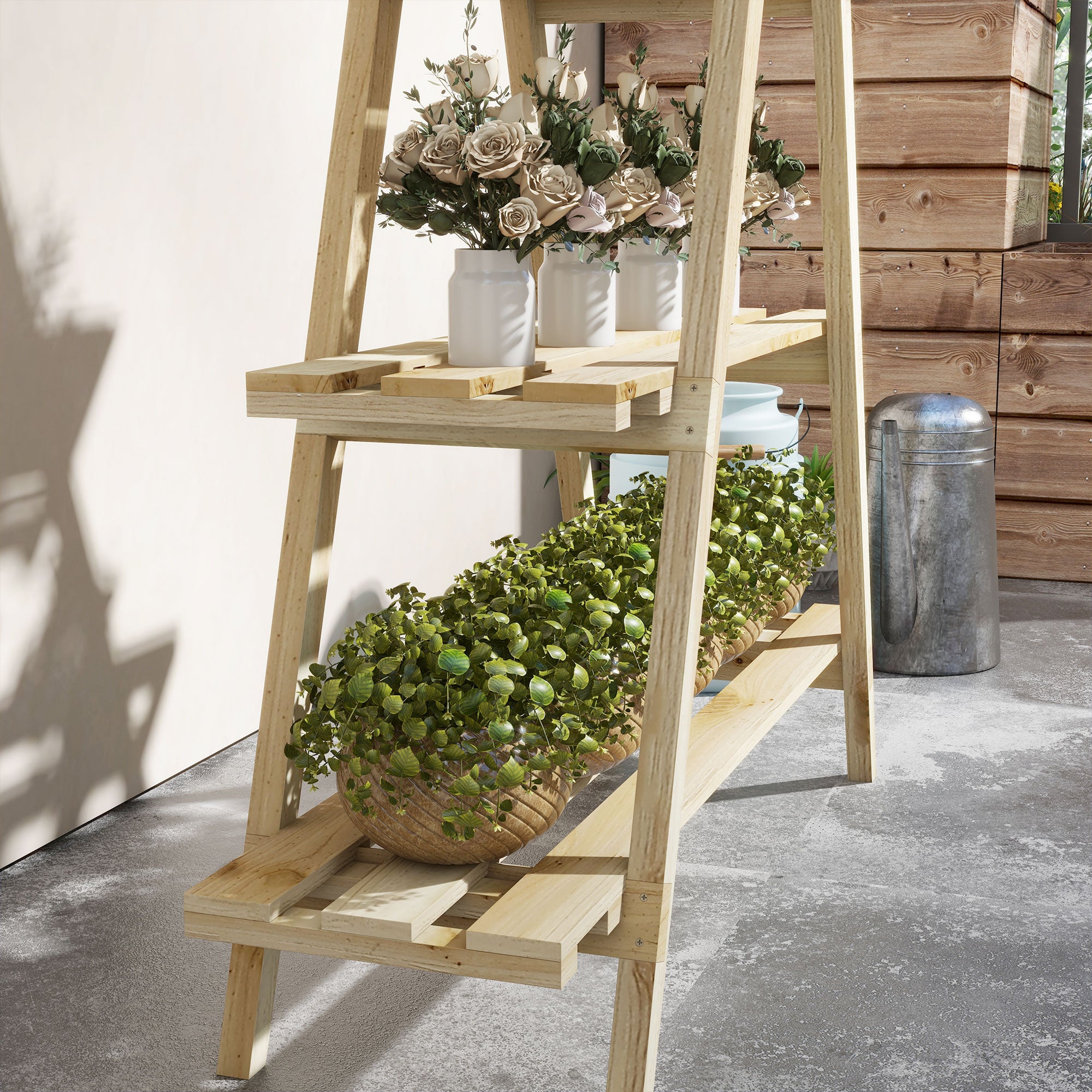 Pyramid-shaped foldable wooden flower rack - Wooden plant stand with 3 shelves - Dimensions 100L x 36W x 112H cm - Light solid spruce wood