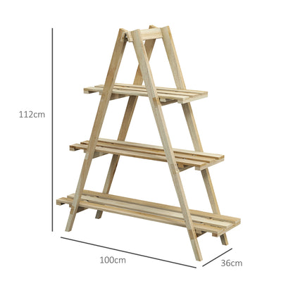 Pyramid-shaped foldable wooden flower rack - Wooden plant stand with 3 shelves - Dimensions 100L x 36W x 112H cm - Light solid spruce wood