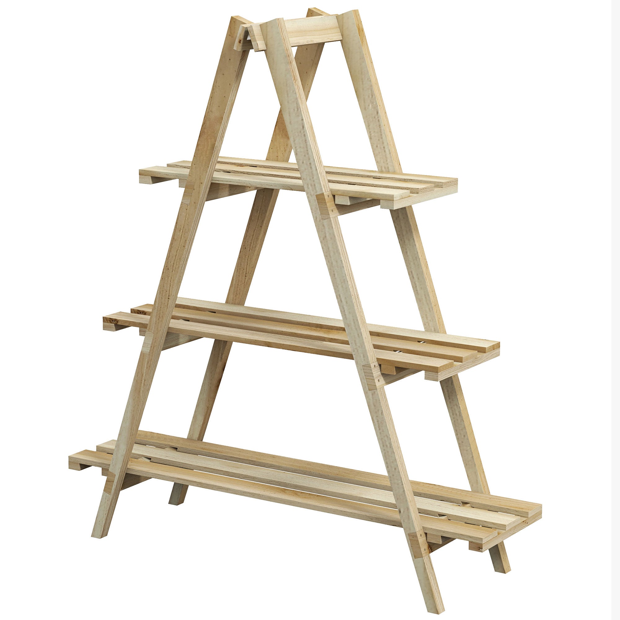 Pyramid-shaped foldable wooden flower rack - Wooden plant stand with 3 shelves - Dimensions 100L x 36W x 112H cm - Light solid spruce wood