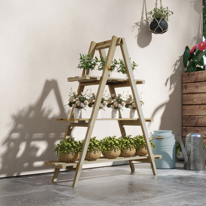 Pyramid-shaped foldable wooden flower rack - Wooden plant stand with 3 shelves - Dimensions 100L x 36W x 112H cm - Light solid spruce wood