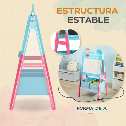 Children's Easel 2-in-1 Double-Sided with Whiteboard 2 Storage Baskets Painting Easel for Kids with Animal Print 53.5x49x113 cm Blue