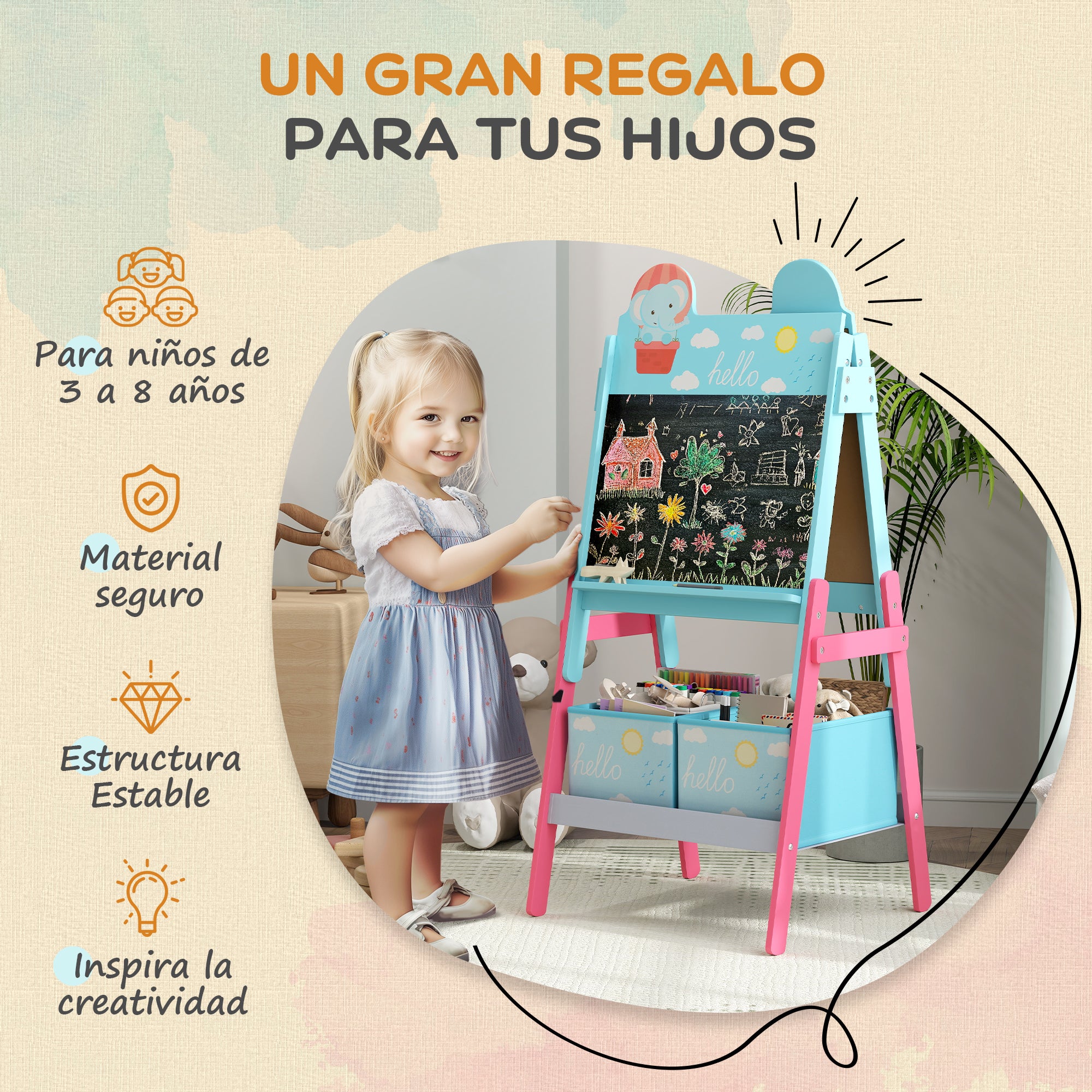 Children's Easel 2-in-1 Double-Sided with Whiteboard 2 Storage Baskets Painting Easel for Kids with Animal Print 53.5x49x113 cm Blue