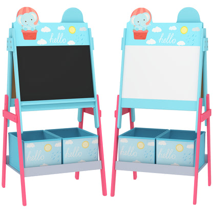 Children's Easel 2-in-1 Double-Sided with Whiteboard 2 Storage Baskets Painting Easel for Kids with Animal Print 53.5x49x113 cm Blue