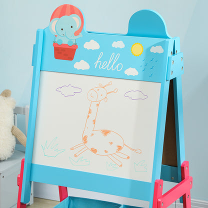 Children's Easel 2-in-1 Double-Sided with Whiteboard 2 Storage Baskets Painting Easel for Kids with Animal Print 53.5x49x113 cm Blue