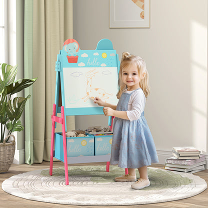 Children's Easel 2-in-1 Double-Sided with Whiteboard 2 Storage Baskets Painting Easel for Kids with Animal Print 53.5x49x113 cm Blue