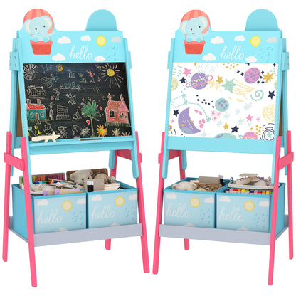 Children's Easel 2-in-1 Double-Sided with Whiteboard 2 Storage Baskets Painting Easel for Kids with Animal Print 53.5x49x113 cm Blue