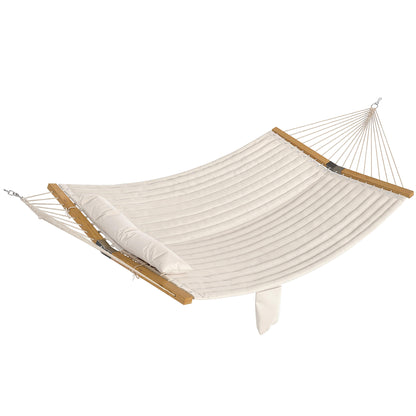 Outdoor Hammock 200 x 140 cm (79" x 55") – Quilted Two-Layer Double Hammock with Headrest, Magazine Pocket & Beech Wood Spreaders, Cream White