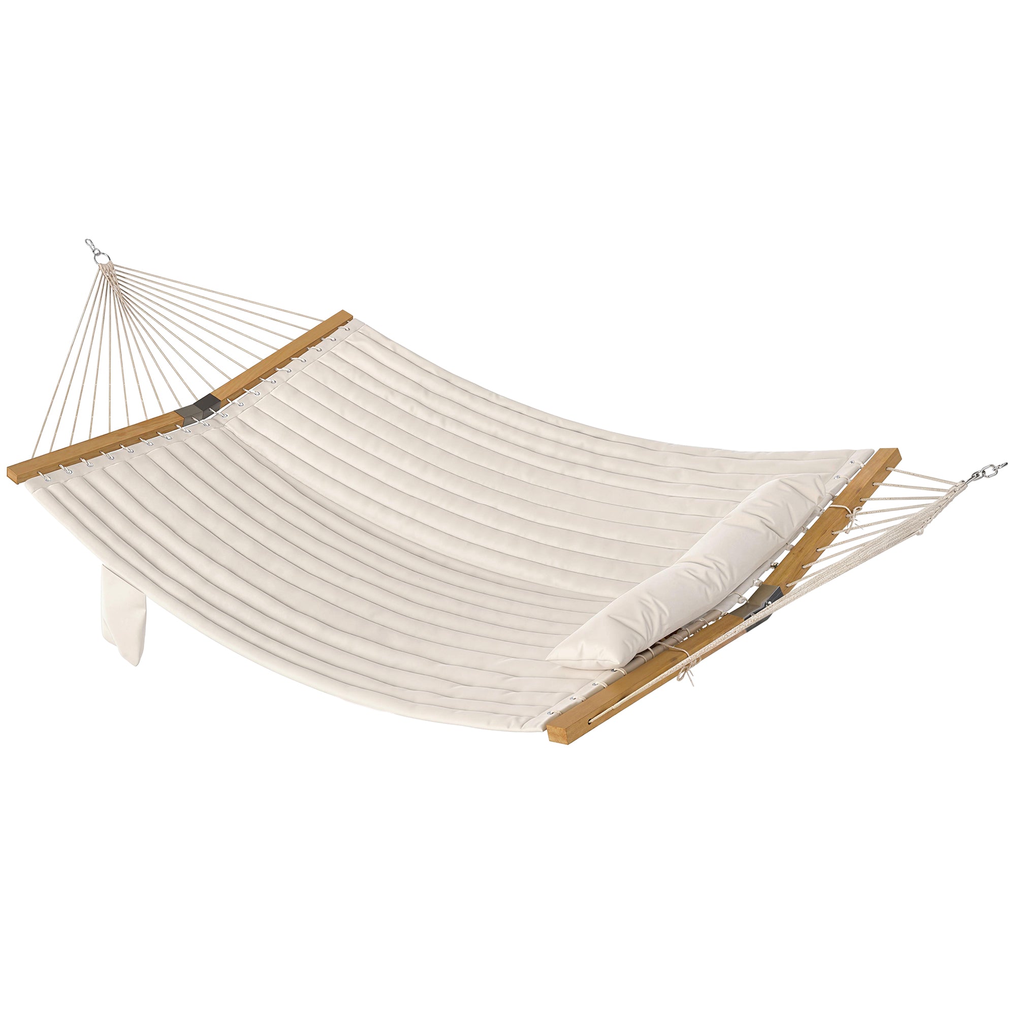 Outdoor Hammock 200 x 140 cm (79" x 55") – Quilted Two-Layer Double Hammock with Headrest, Magazine Pocket & Beech Wood Spreaders, Cream White