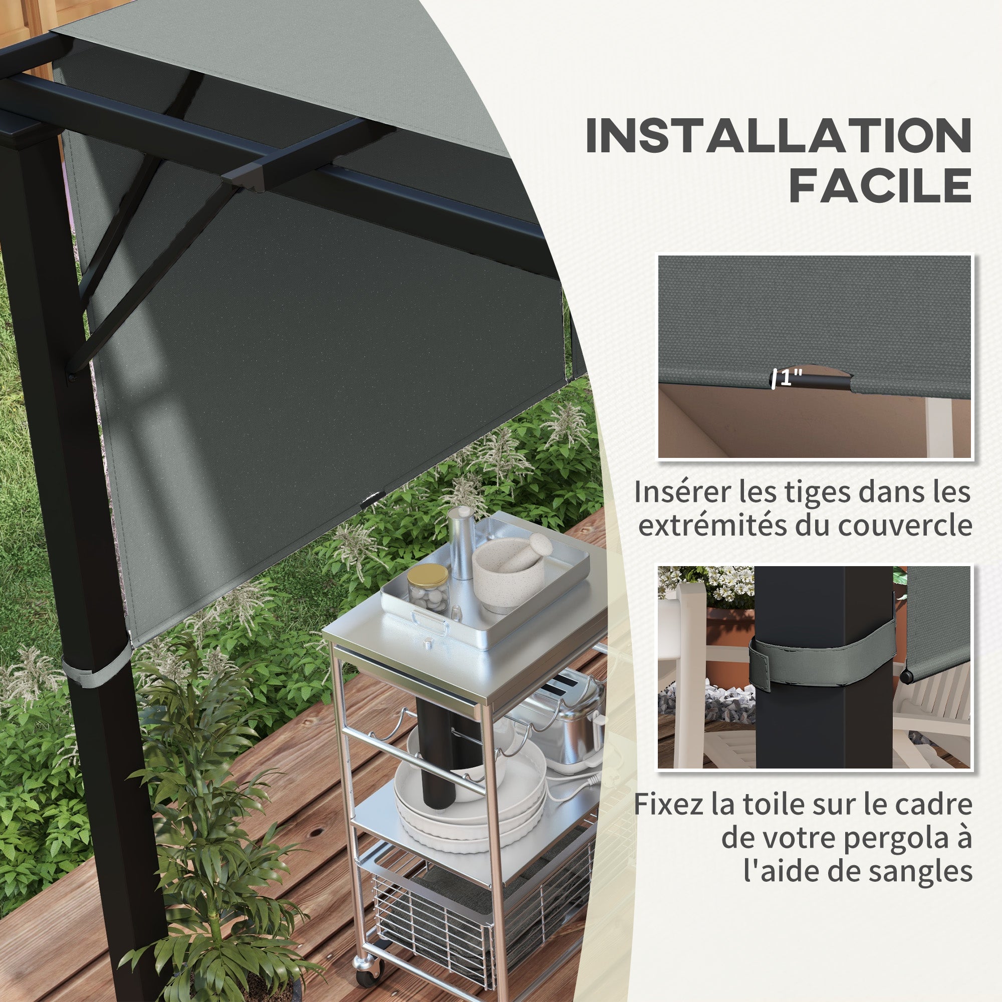 Set of 2 retractable pergola replacement canopies 4.9 x 1.2 m for 3 x 3 m pergola polyester fabric dark gray UV protection