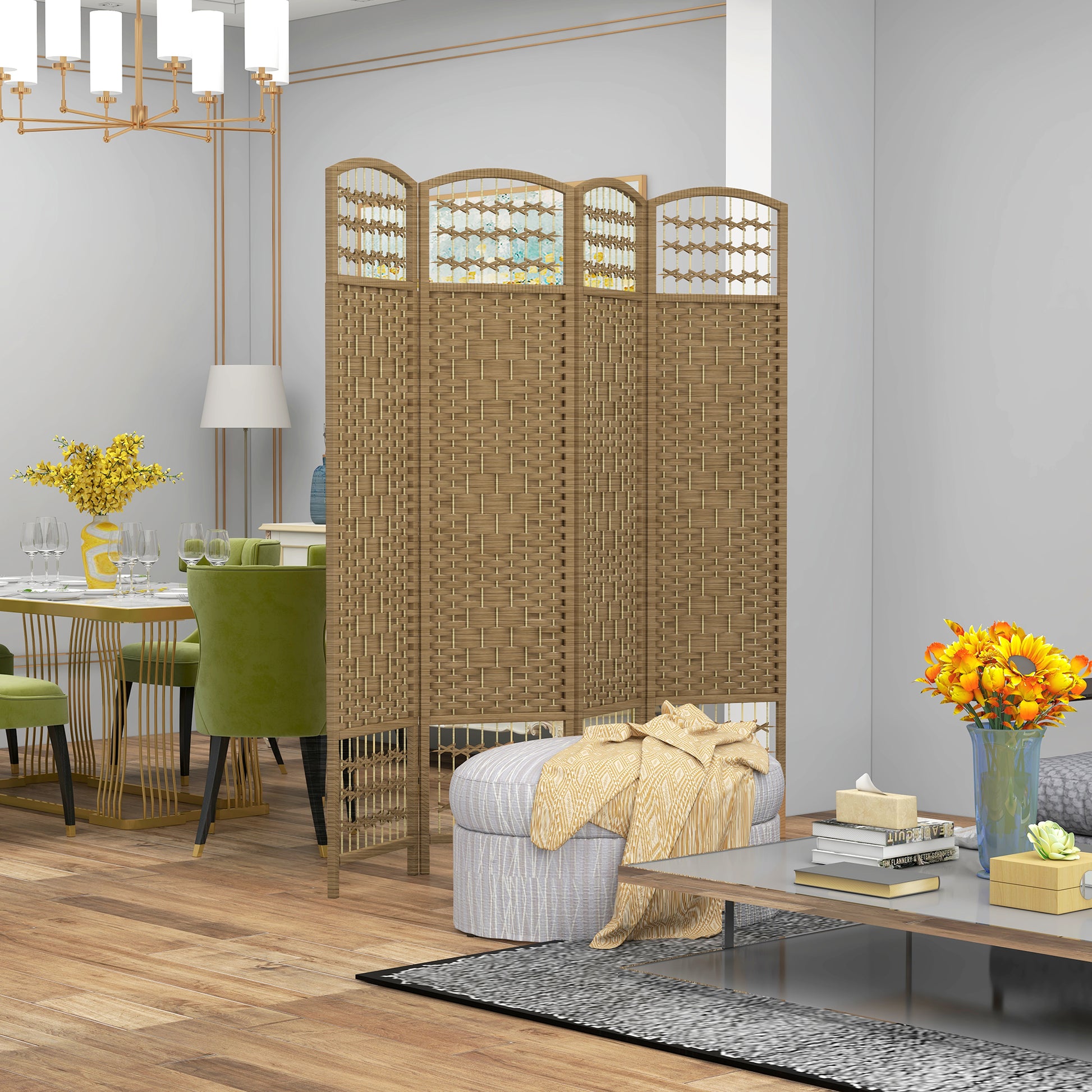 4-Panel Room Divider 160x170 cm Folding Privacy Screen with Paper Rope and Wood Frame Decoration for Bedroom Living Room Natural