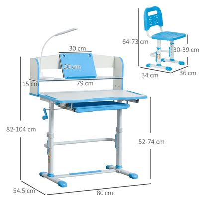 Desk and Chair Set for Children 6-12 Years Adjustable in Height, School Desk with 45° Tiltable Top, Lamp, Drawer, Shelf, Pen Holder, and Bookstand, in Steel and MDF, Blue