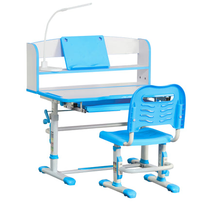 Desk and Chair Set for Children 6-12 Years Adjustable in Height, School Desk with 45° Tiltable Top, Lamp, Drawer, Shelf, Pen Holder, and Bookstand, in Steel and MDF, Blue