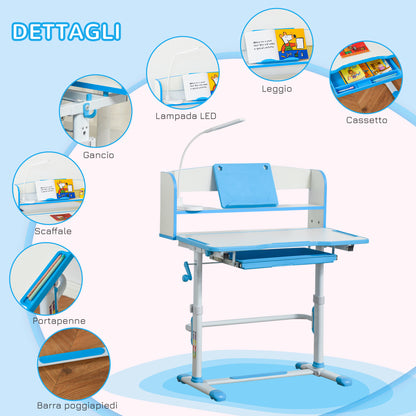 Desk and Chair Set for Children 6-12 Years Adjustable in Height, School Desk with 45° Tiltable Top, Lamp, Drawer, Shelf, Pen Holder, and Bookstand, in Steel and MDF, Blue