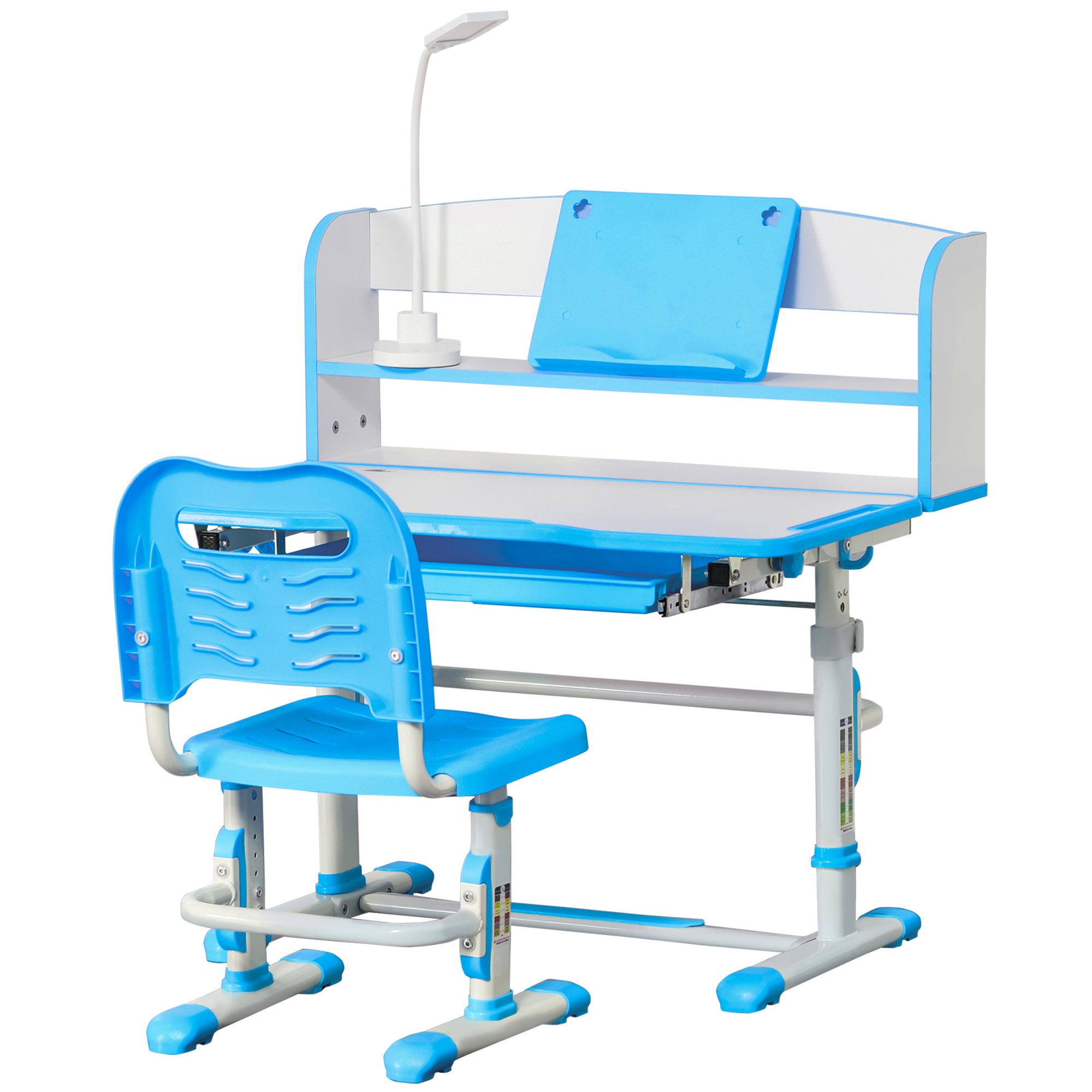 Desk and Chair Set for Children 6-12 Years Adjustable in Height, School Desk with 45° Tiltable Top, Lamp, Drawer, Shelf, Pen Holder, and Bookstand, in Steel and MDF, Blue