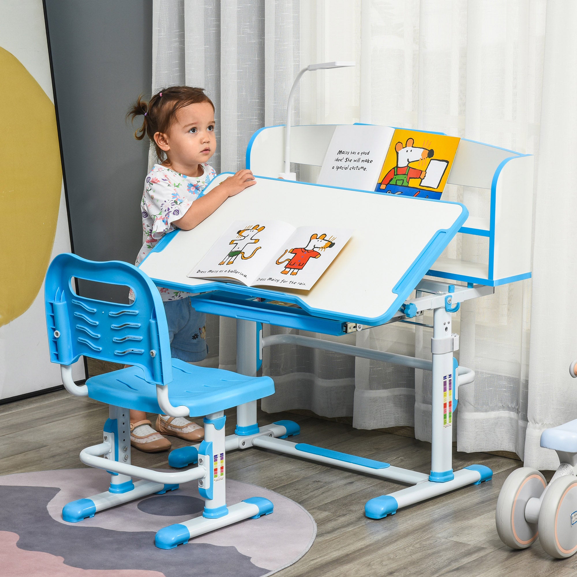 Desk and Chair Set for Children 6-12 Years Adjustable in Height, School Desk with 45° Tiltable Top, Lamp, Drawer, Shelf, Pen Holder, and Bookstand, in Steel and MDF, Blue