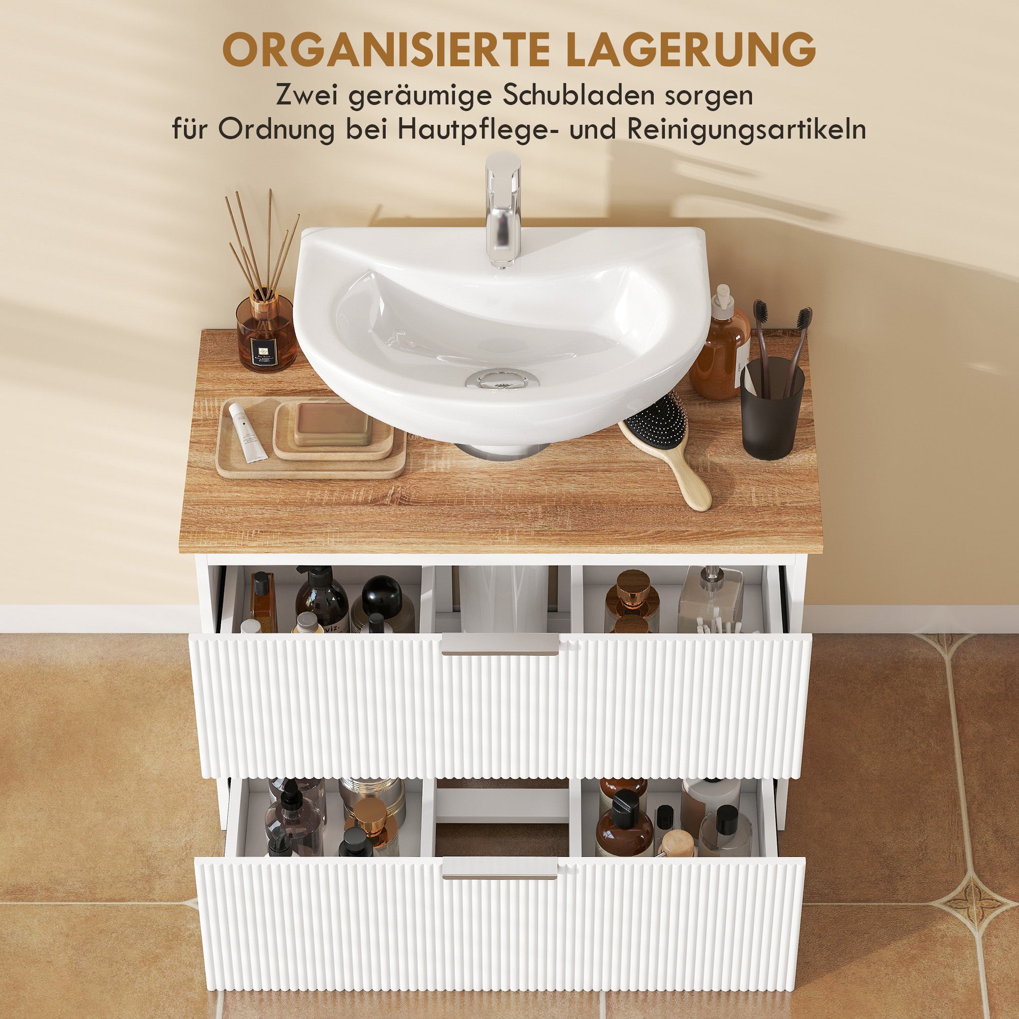 Bathroom Vanity Base Cabinet with Two Large Drawers, Two-Tone Design, Fits Pedestal or Basin Sinks, 31.5 x 15.7 x 23.6 in (80 x 40 x 60 cm), White & Natural
