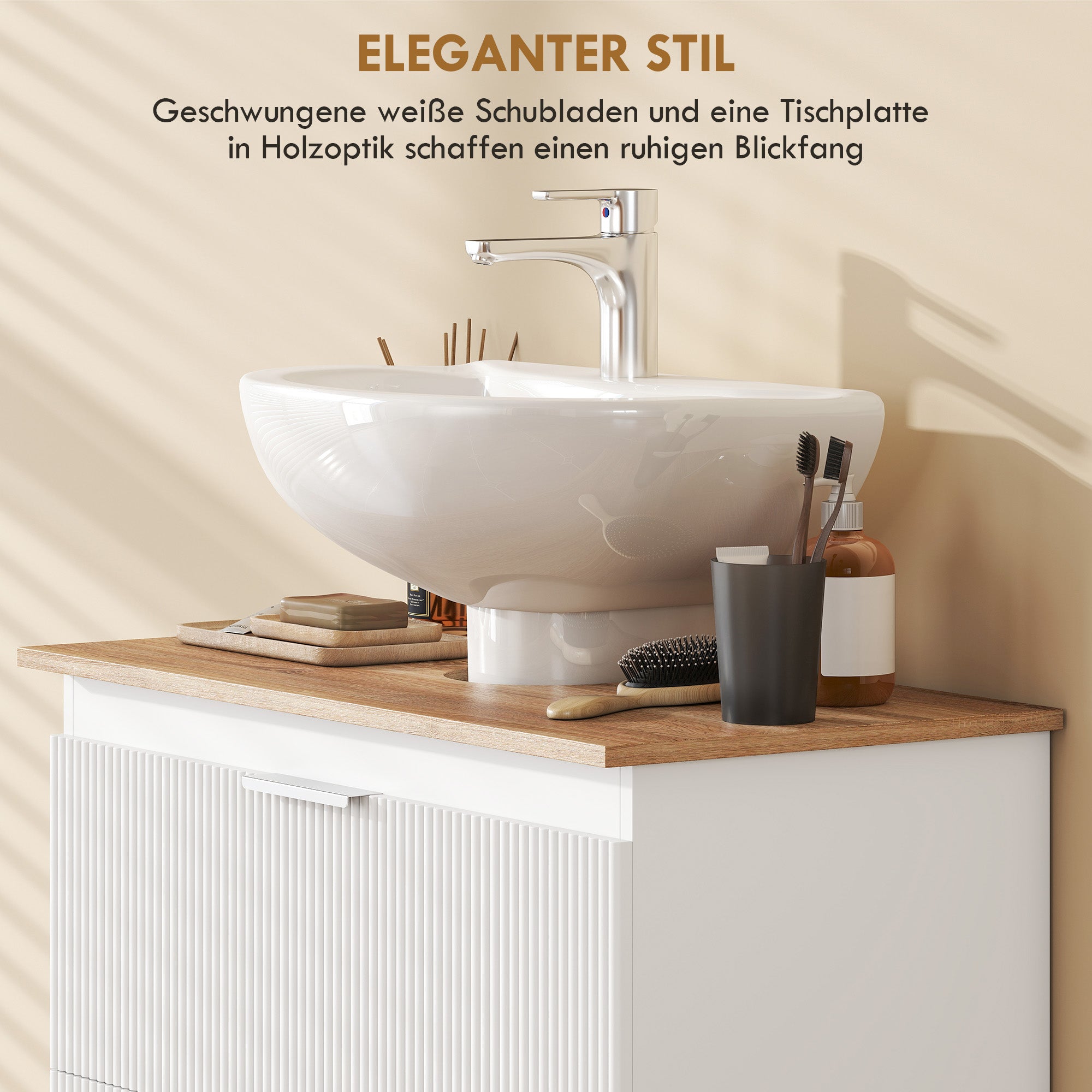 Bathroom Vanity Base Cabinet with Two Large Drawers, Two-Tone Design, Fits Pedestal or Basin Sinks, 31.5 x 15.7 x 23.6 in (80 x 40 x 60 cm), White & Natural
