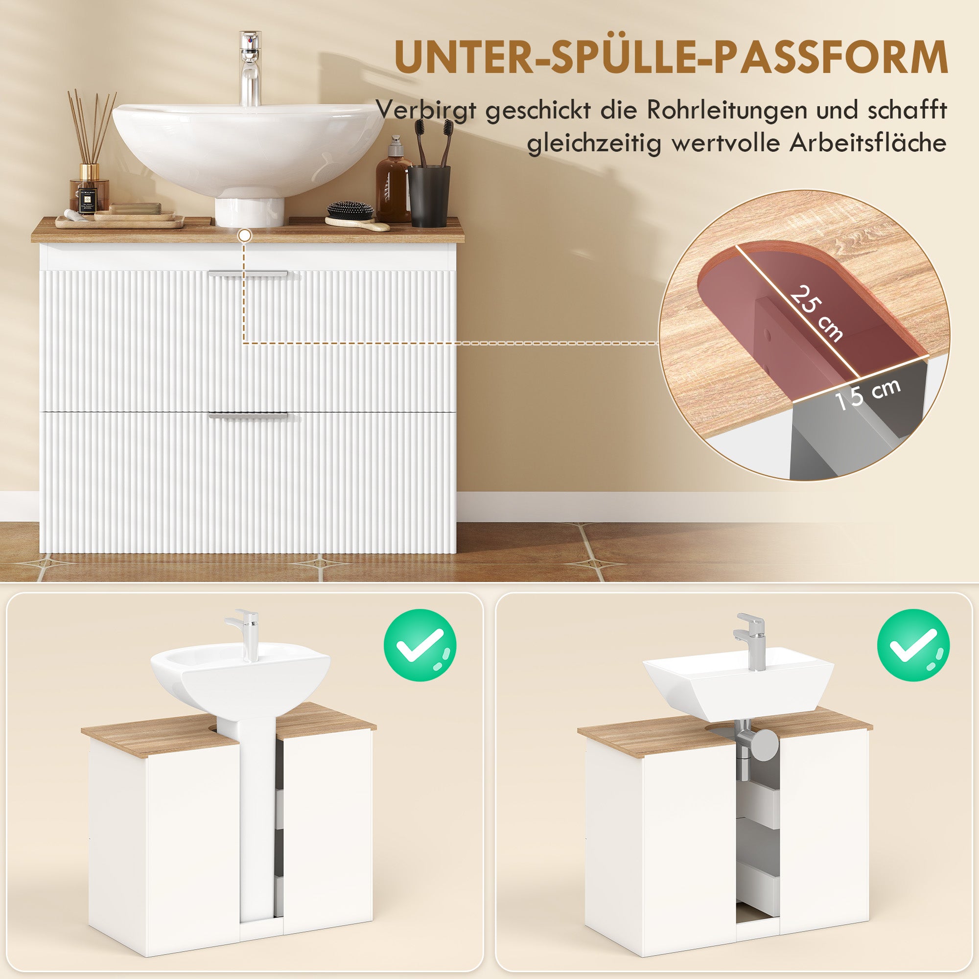 Bathroom Vanity Base Cabinet with Two Large Drawers, Two-Tone Design, Fits Pedestal or Basin Sinks, 31.5 x 15.7 x 23.6 in (80 x 40 x 60 cm), White & Natural