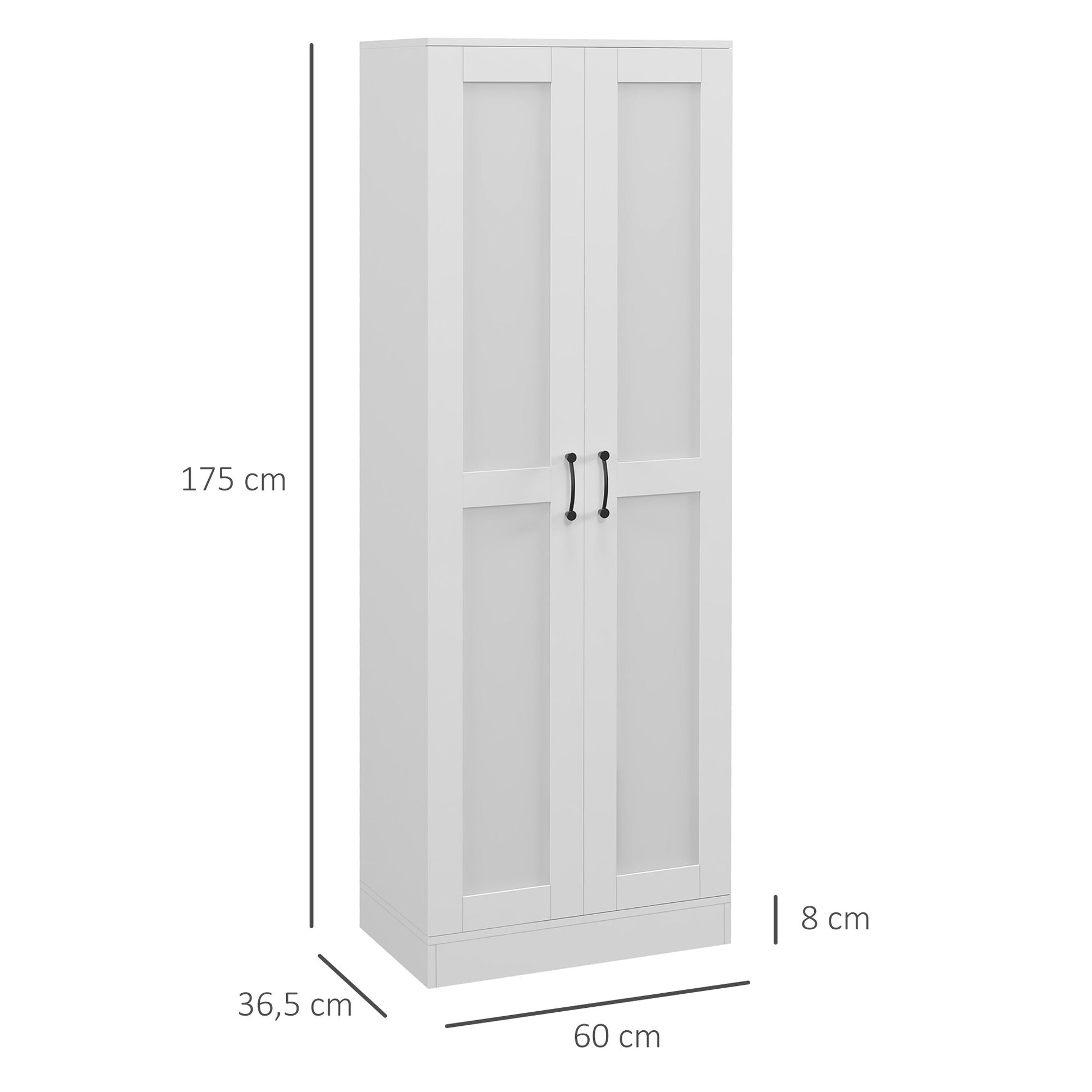 2 Door White Storage Cabinet with 4 Shelves, Contemporary Style, Multifunctional for Bedroom, Office, Kitchen, 60L x 36.5W x 175H cm