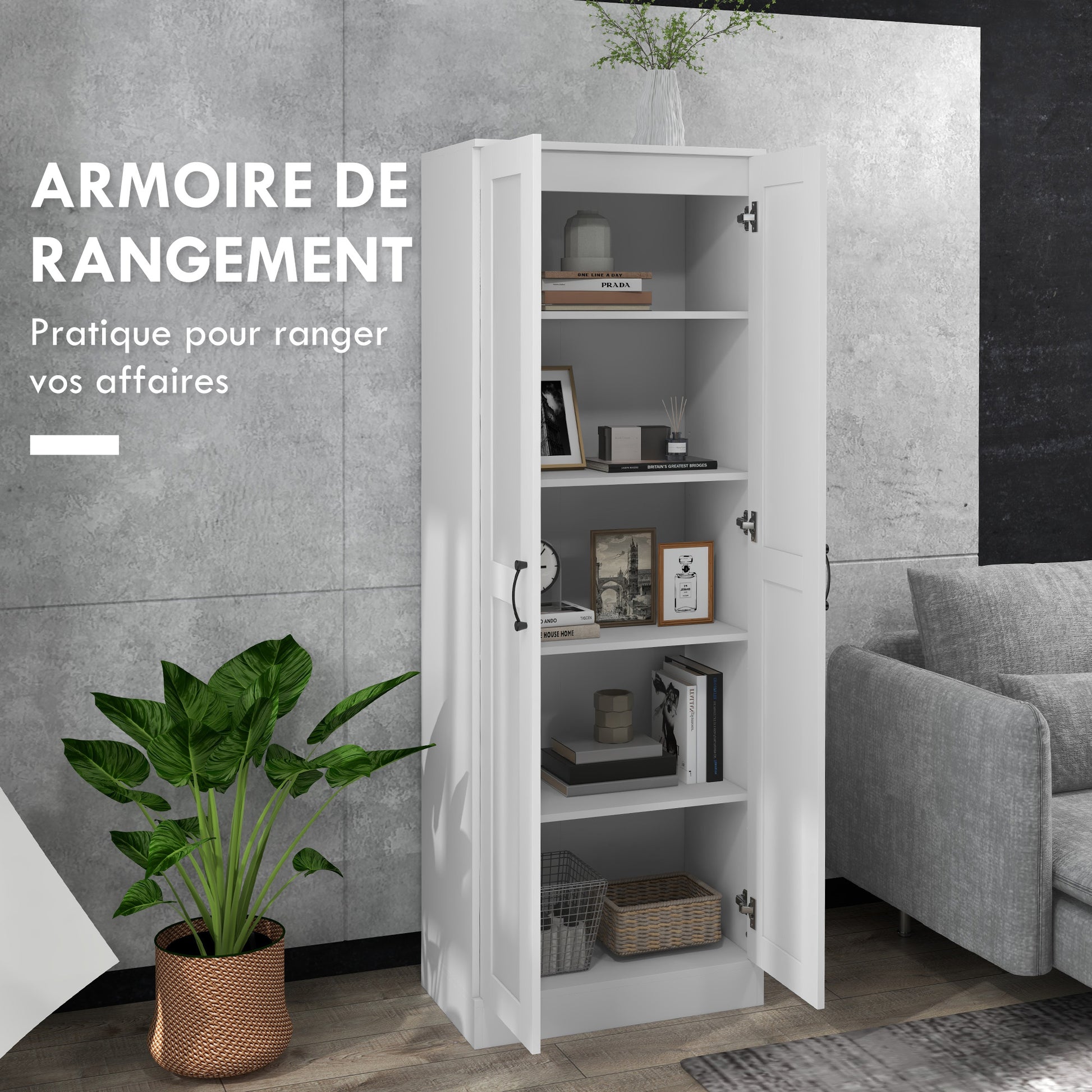 2 Door White Storage Cabinet with 4 Shelves, Contemporary Style, Multifunctional for Bedroom, Office, Kitchen, 60L x 36.5W x 175H cm