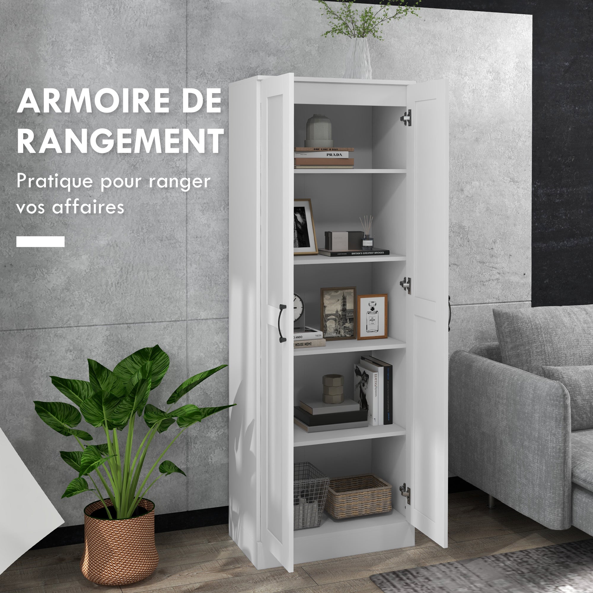 2 Door White Storage Cabinet with 4 Shelves, Contemporary Style, Multifunctional for Bedroom, Office, Kitchen, 60L x 36.5W x 175H cm