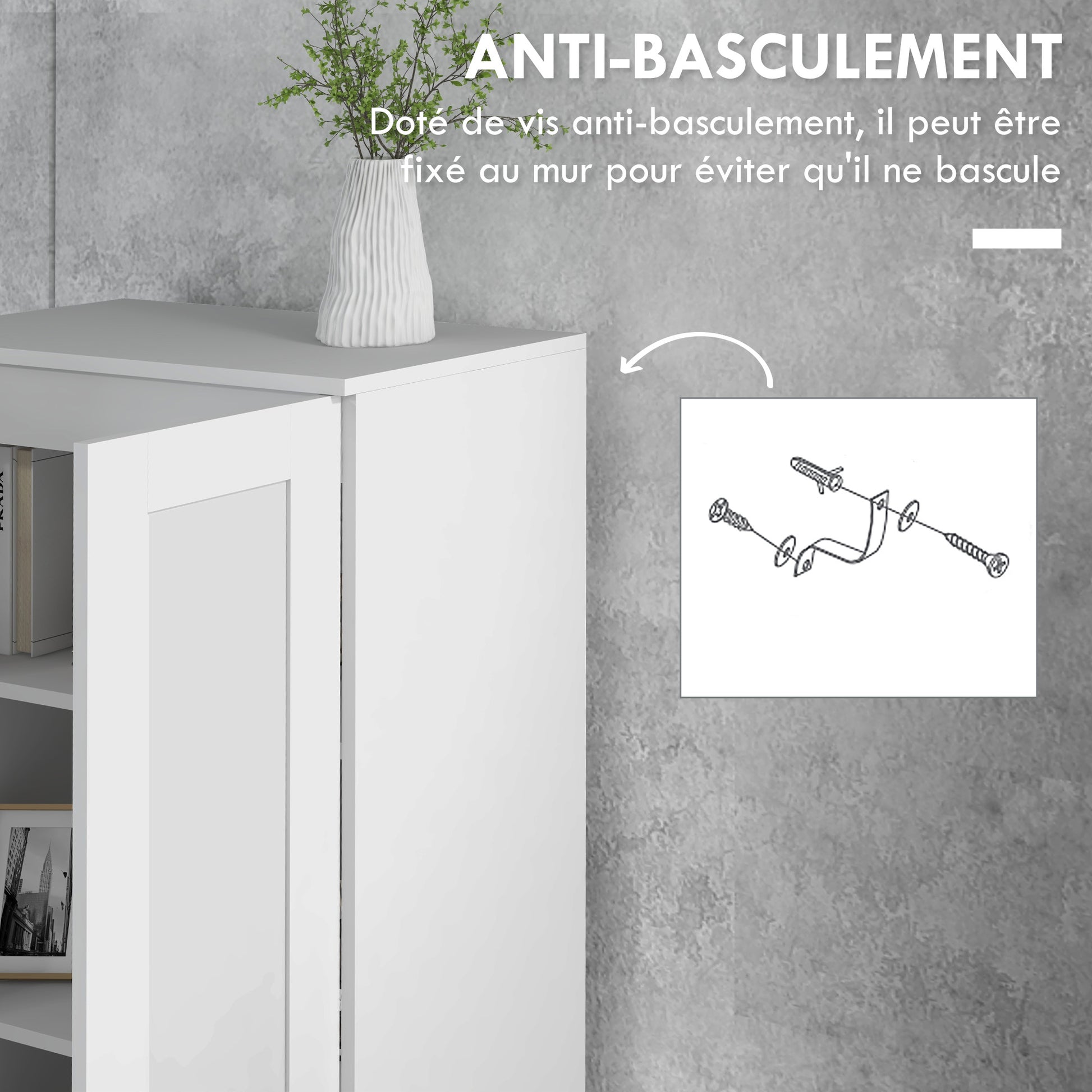2 Door White Storage Cabinet with 4 Shelves, Contemporary Style, Multifunctional for Bedroom, Office, Kitchen, 60L x 36.5W x 175H cm