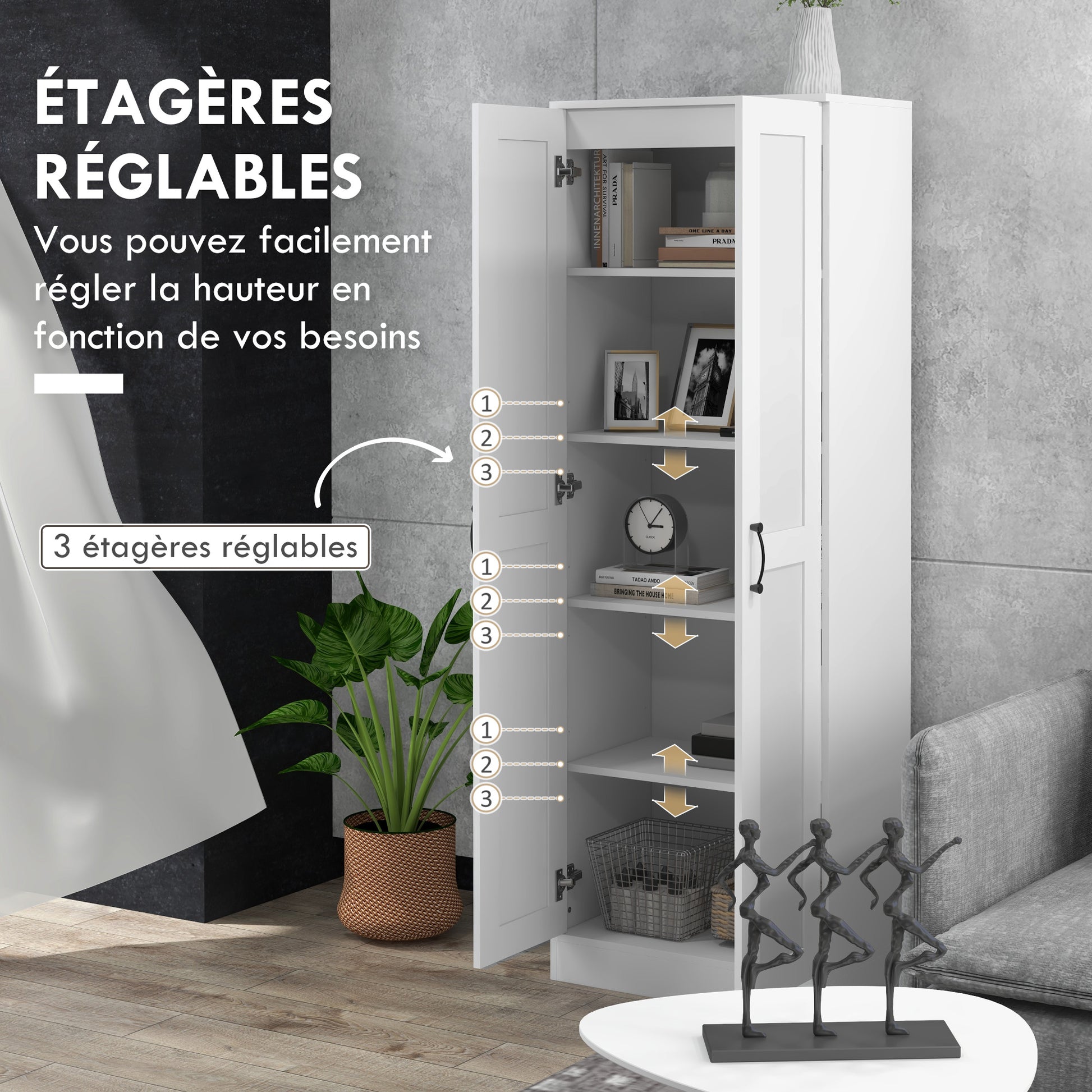 2 Door White Storage Cabinet with 4 Shelves, Contemporary Style, Multifunctional for Bedroom, Office, Kitchen, 60L x 36.5W x 175H cm