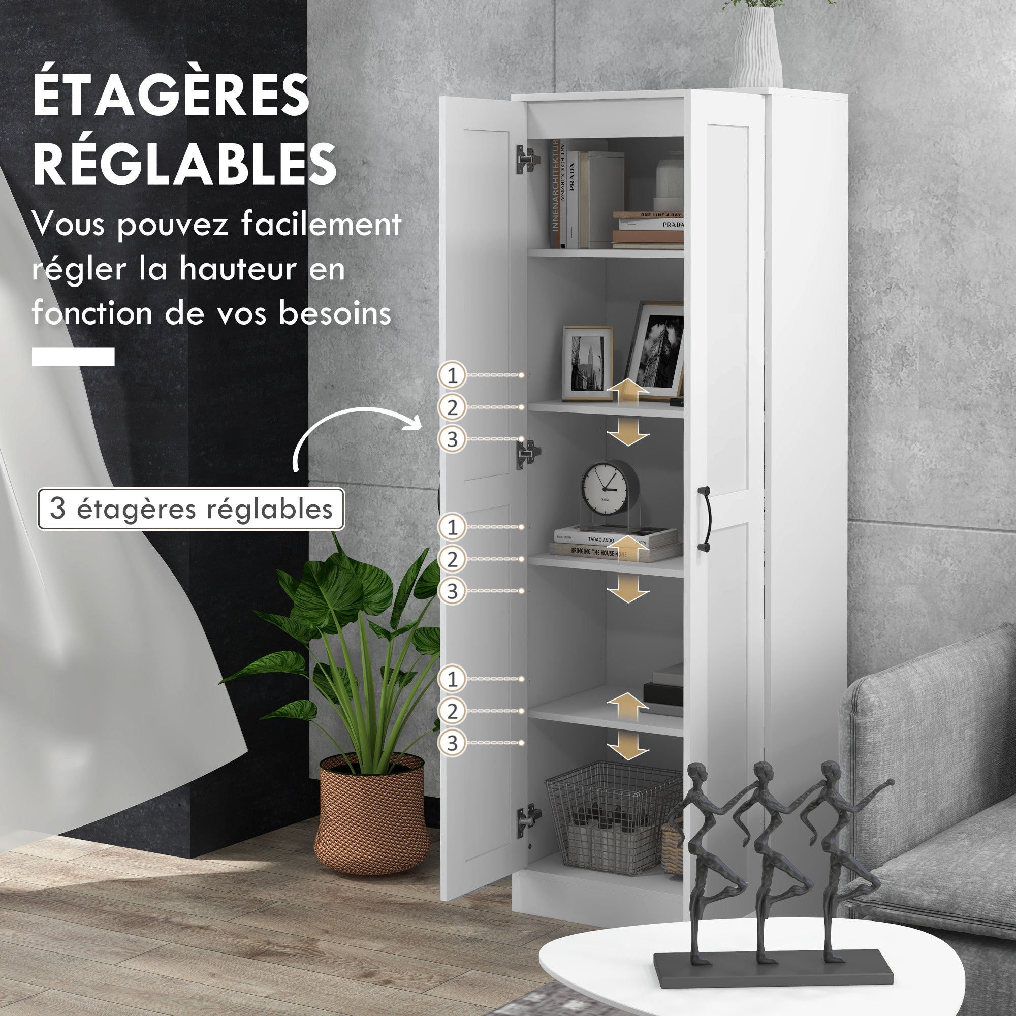 2 Door White Storage Cabinet with 4 Shelves, Contemporary Style, Multifunctional for Bedroom, Office, Kitchen, 60L x 36.5W x 175H cm