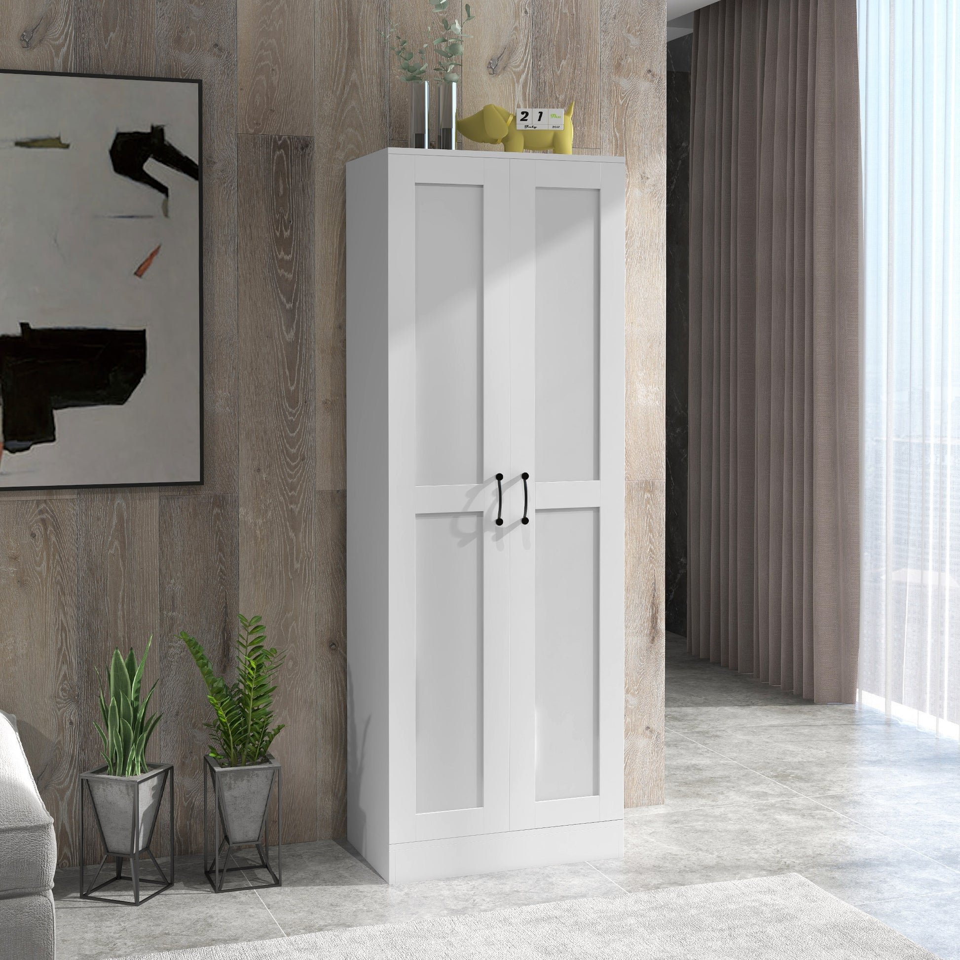 2 Door White Storage Cabinet with 4 Shelves, Contemporary Style, Multifunctional for Bedroom, Office, Kitchen, 60L x 36.5W x 175H cm