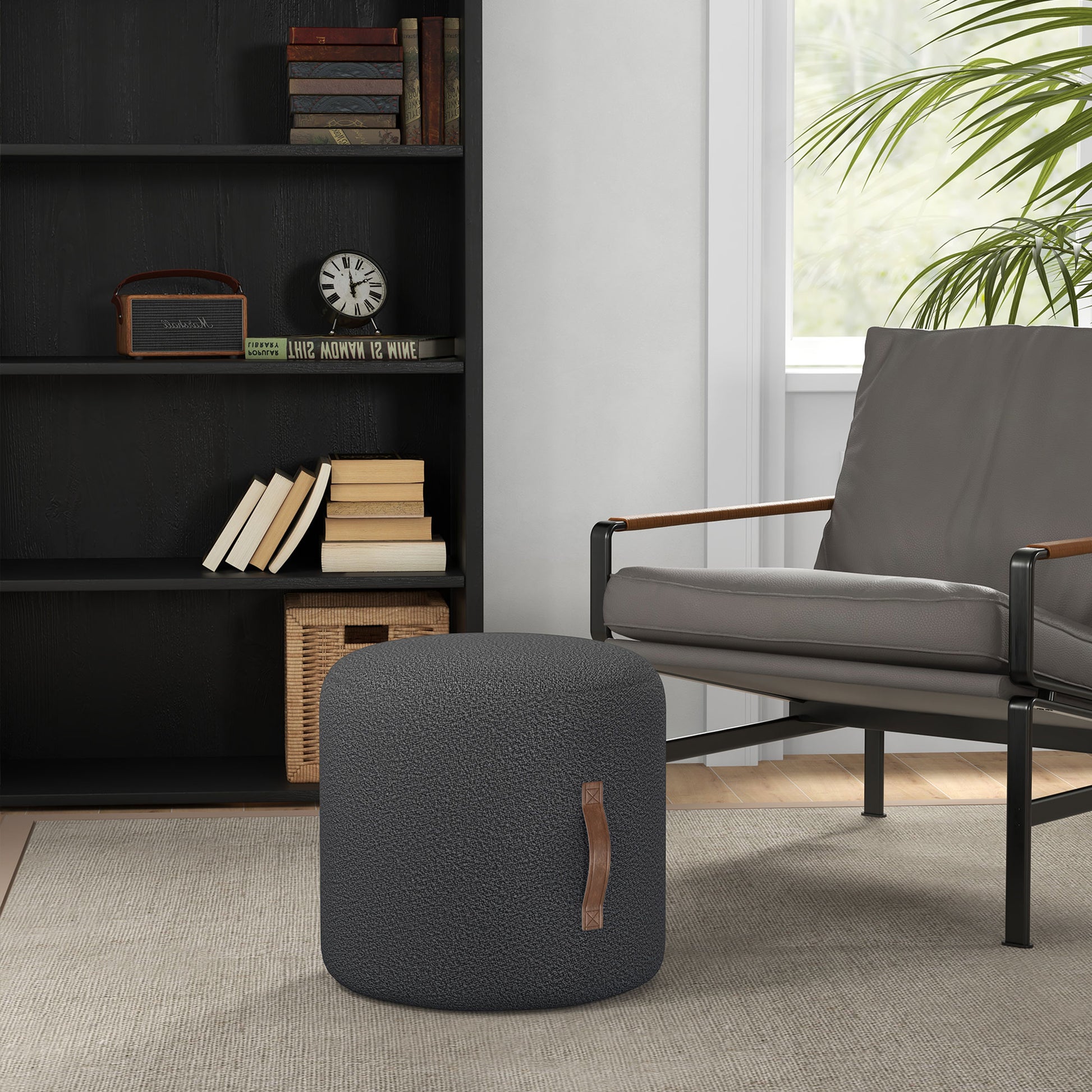 Footstool, Round Upholstered Ottoman with Handle, Footrest with Velvet Look, for Living Room, Bedroom, Dark Gray, Ø48 x 45 cm