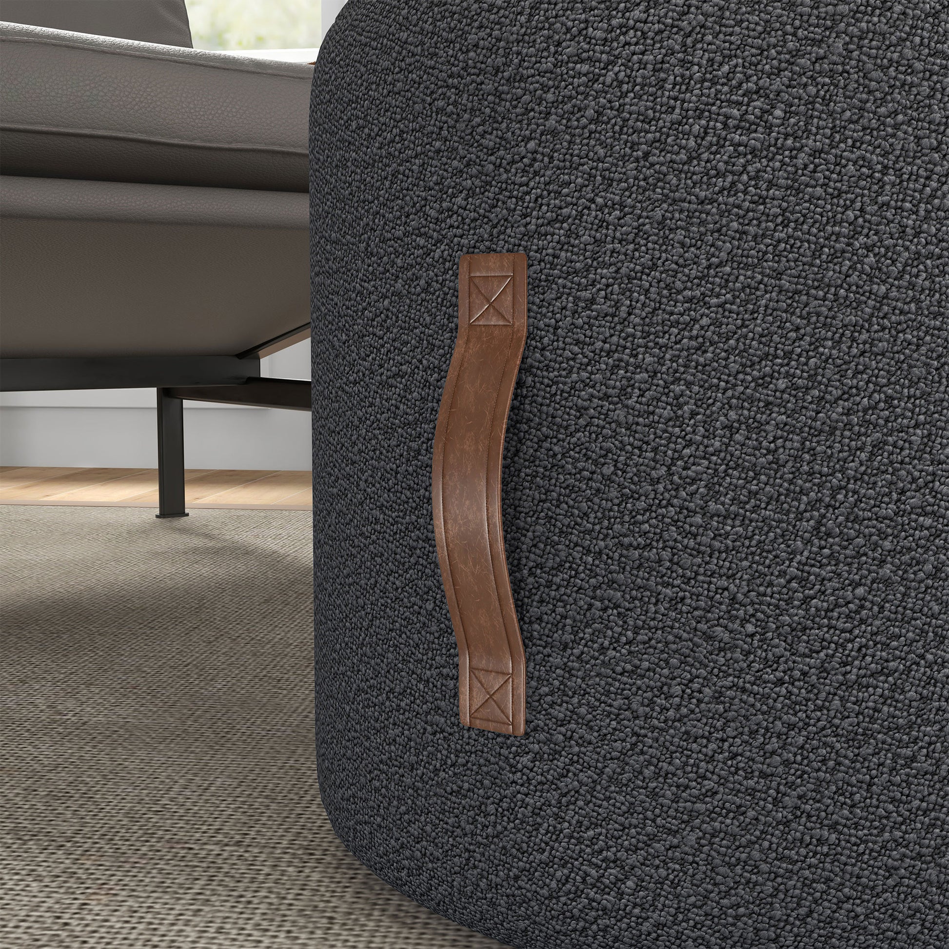 Footstool, Round Upholstered Ottoman with Handle, Footrest with Velvet Look, for Living Room, Bedroom, Dark Gray, Ø48 x 45 cm