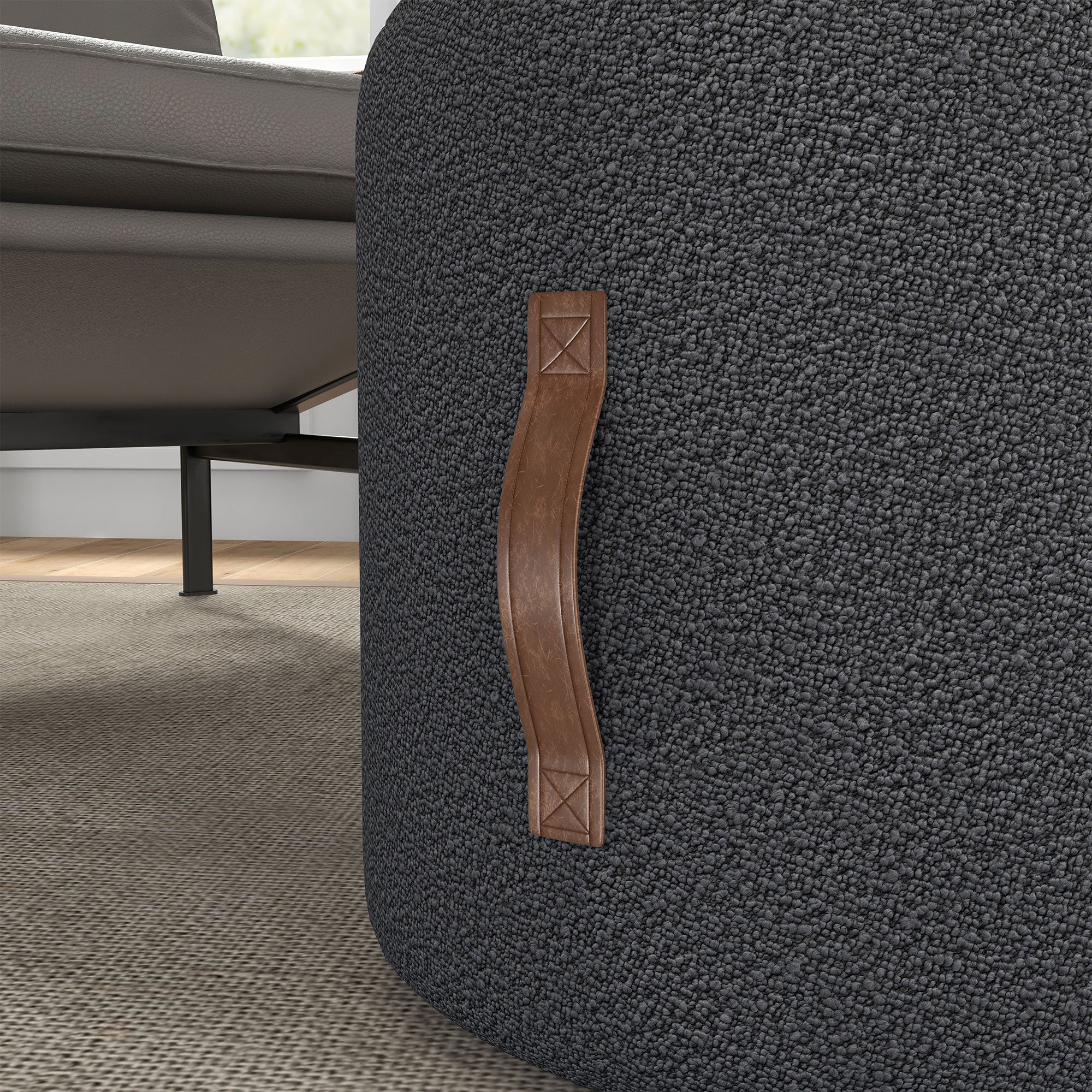 Footstool, Round Upholstered Ottoman with Handle, Footrest with Velvet Look, for Living Room, Bedroom, Dark Gray, Ø48 x 45 cm