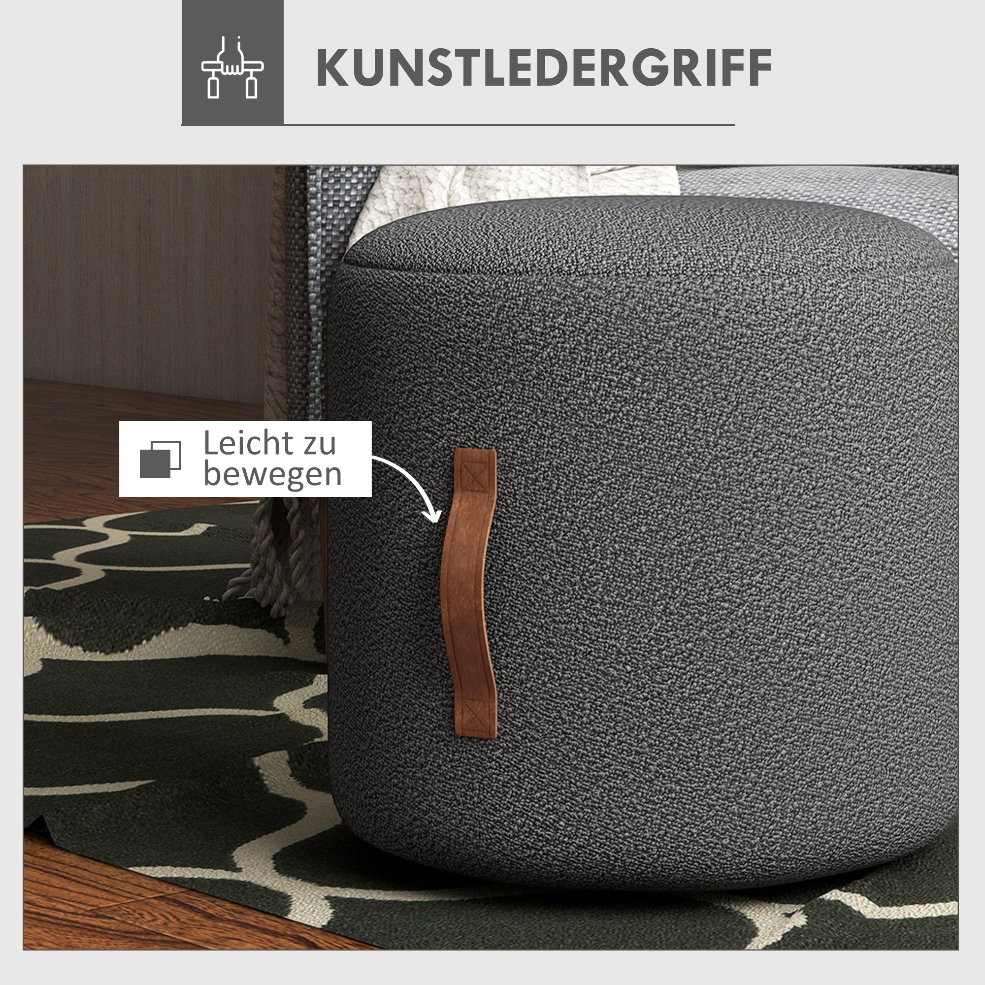 Footstool, Round Upholstered Ottoman with Handle, Footrest with Velvet Look, for Living Room, Bedroom, Dark Gray, Ø48 x 45 cm