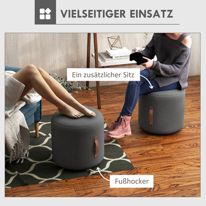 Footstool, Round Upholstered Ottoman with Handle, Footrest with Velvet Look, for Living Room, Bedroom, Dark Gray, Ø48 x 45 cm