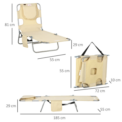 Folding Sun Lounger with Face Cradle & Head Pillow, 5-Position Adjustable Backrest, Weather-Resistant Camping/Garden/Pool Lounger up to 265 lb, Beige