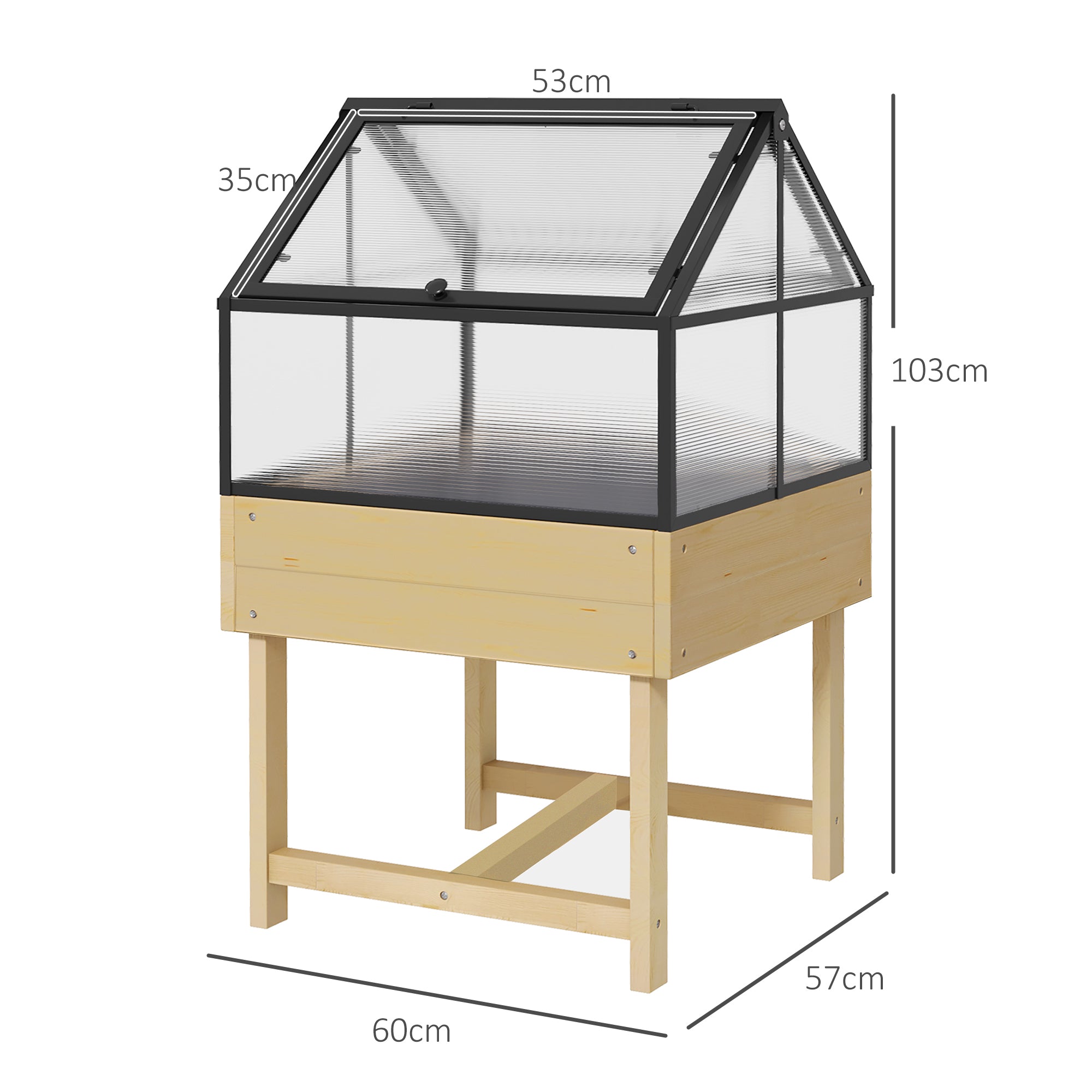 Mini Greenhouse on Legs - elevated planter - dimensions 60L x 57W x 103H cm - double openable polycarbonate panels, steel, treated fir wood