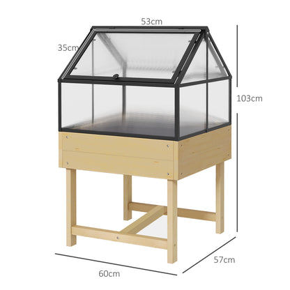 Mini Greenhouse on Legs - elevated planter - dimensions 60L x 57W x 103H cm - double openable polycarbonate panels, steel, treated fir wood