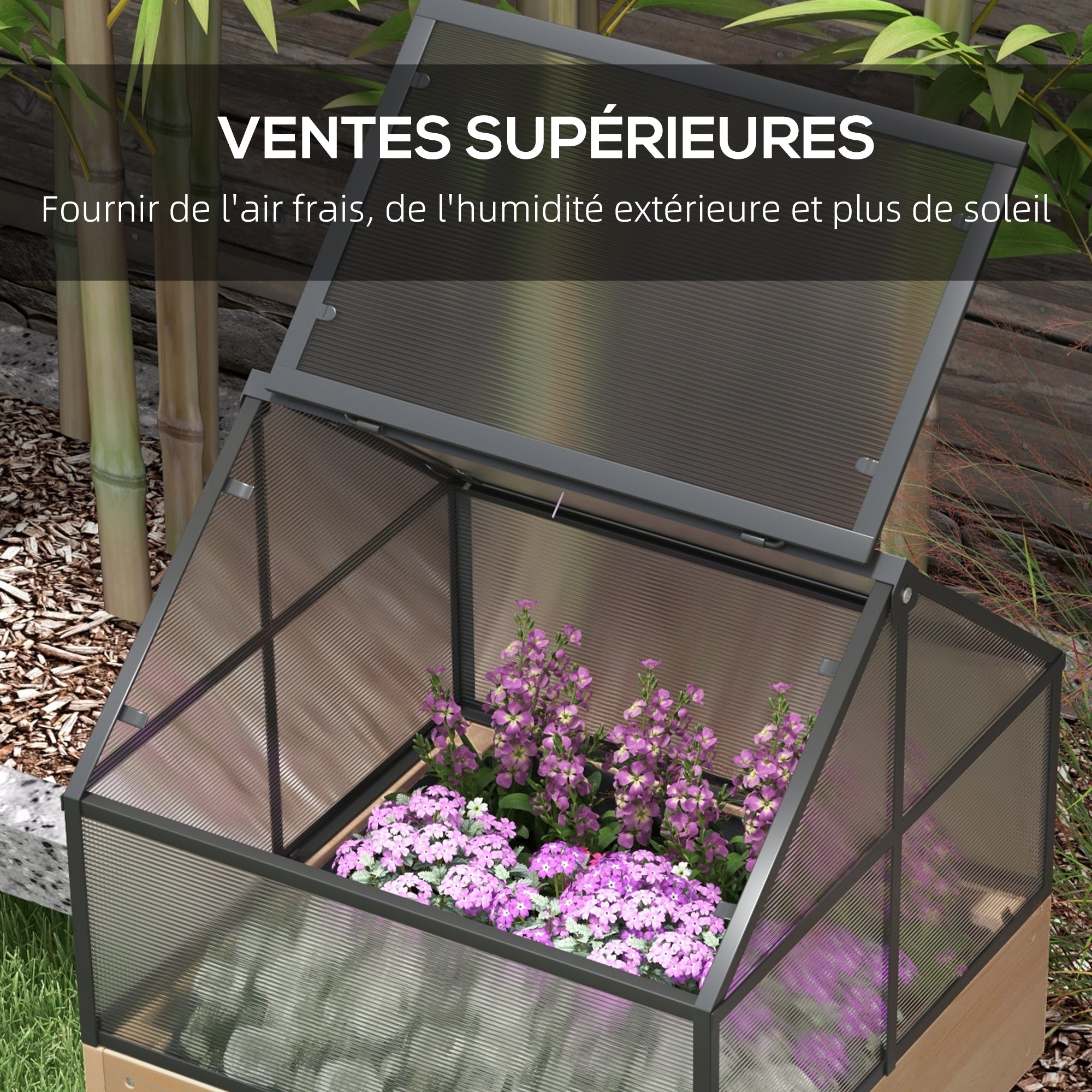 Mini Greenhouse on Legs - elevated planter - dimensions 60L x 57W x 103H cm - double openable polycarbonate panels, steel, treated fir wood