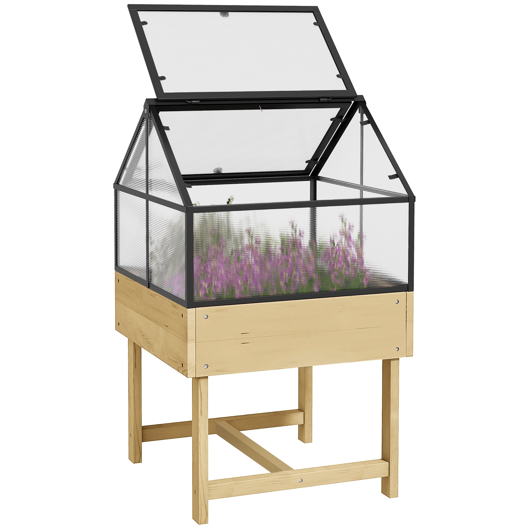 Mini Greenhouse on Legs - elevated planter - dimensions 60L x 57W x 103H cm - double openable polycarbonate panels, steel, treated fir wood