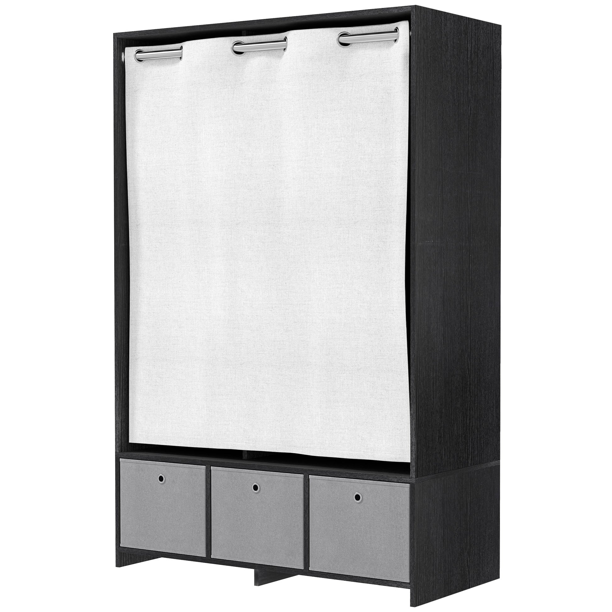 Wardrobe closet, dressing with curtain, clothing bedroom wardrobe, wardrobe with hanging rod, 3 compartments, and 3 removable fabric drawers - 105 x 48 x 160 cm, black