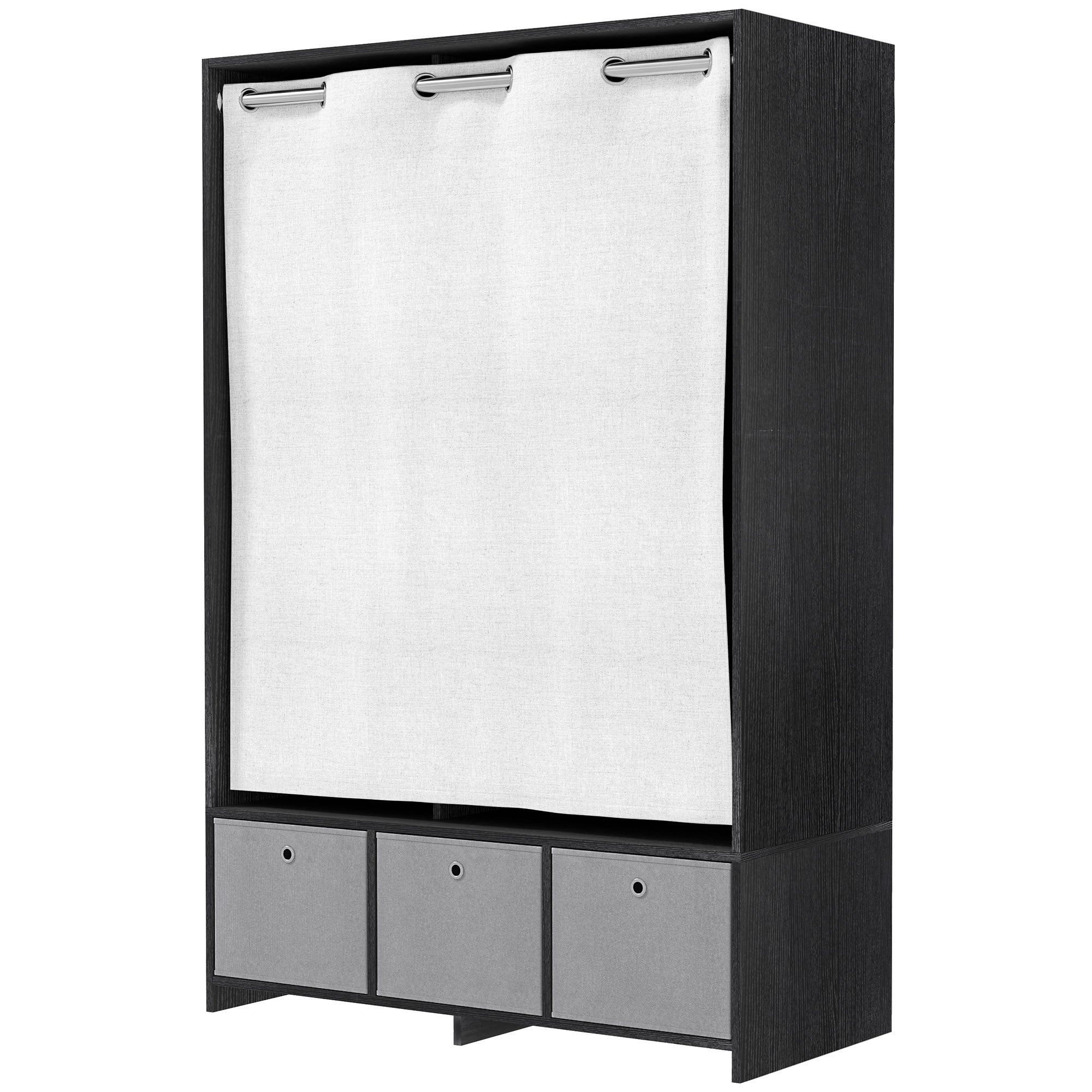 Wardrobe closet, dressing with curtain, clothing bedroom wardrobe, wardrobe with hanging rod, 3 compartments, and 3 removable fabric drawers - 105 x 48 x 160 cm, black