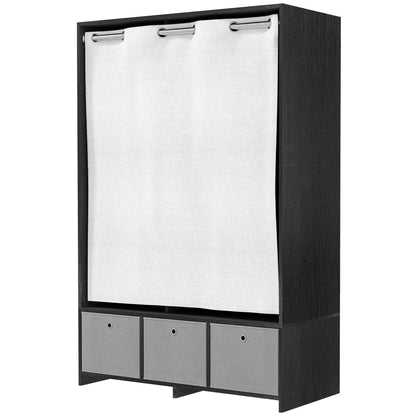 Wardrobe closet, dressing with curtain, clothing bedroom wardrobe, wardrobe with hanging rod, 3 compartments, and 3 removable fabric drawers - 105 x 48 x 160 cm, black