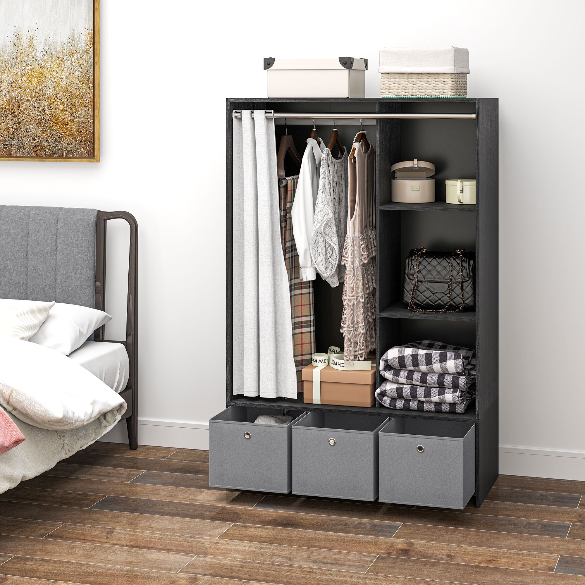 Wardrobe closet, dressing with curtain, clothing bedroom wardrobe, wardrobe with hanging rod, 3 compartments, and 3 removable fabric drawers - 105 x 48 x 160 cm, black