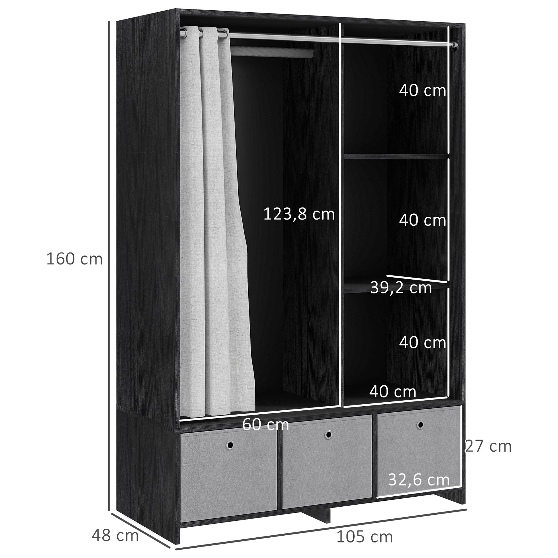 Wardrobe closet, dressing with curtain, clothing bedroom wardrobe, wardrobe with hanging rod, 3 compartments, and 3 removable fabric drawers - 105 x 48 x 160 cm, black