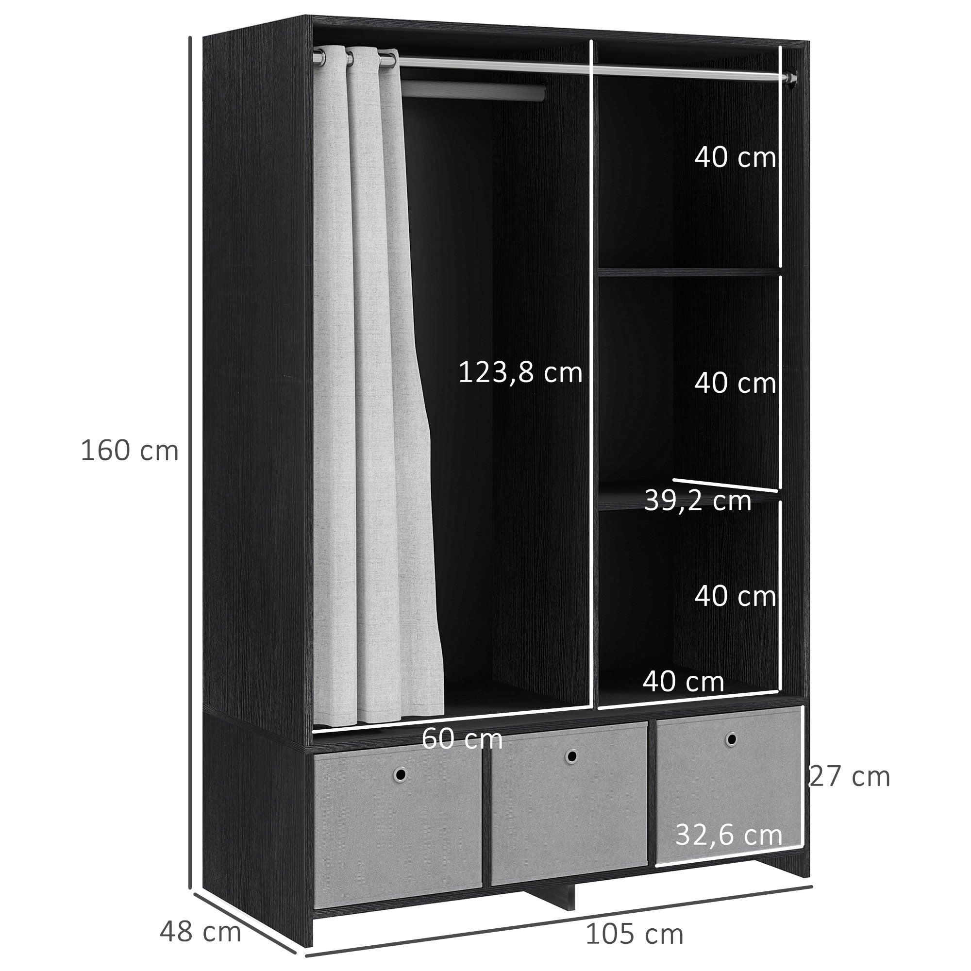 Wardrobe closet, dressing with curtain, clothing bedroom wardrobe, wardrobe with hanging rod, 3 compartments, and 3 removable fabric drawers - 105 x 48 x 160 cm, black