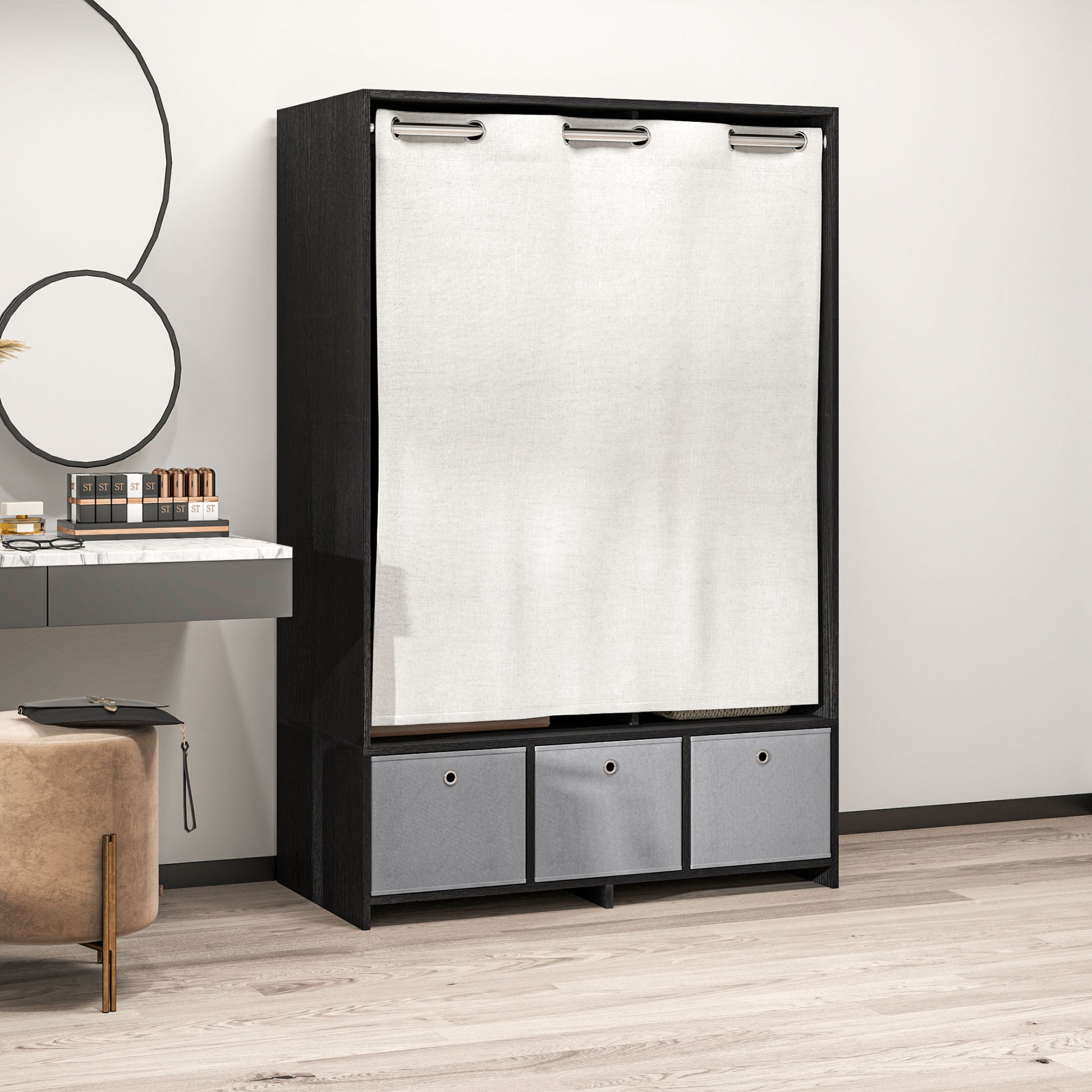 Wardrobe closet, dressing with curtain, clothing bedroom wardrobe, wardrobe with hanging rod, 3 compartments, and 3 removable fabric drawers - 105 x 48 x 160 cm, black