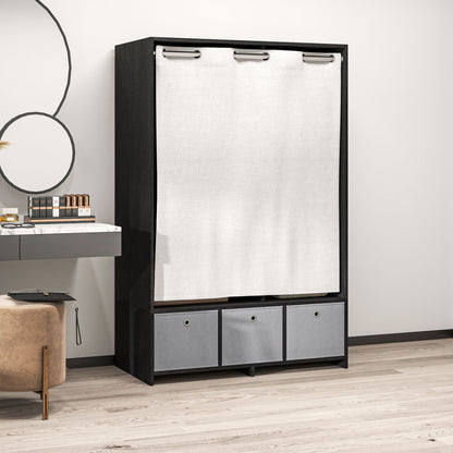 Wardrobe closet, dressing with curtain, clothing bedroom wardrobe, wardrobe with hanging rod, 3 compartments, and 3 removable fabric drawers - 105 x 48 x 160 cm, black