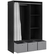 Wardrobe closet, dressing with curtain, clothing bedroom wardrobe, wardrobe with hanging rod, 3 compartments, and 3 removable fabric drawers - 105 x 48 x 160 cm, black